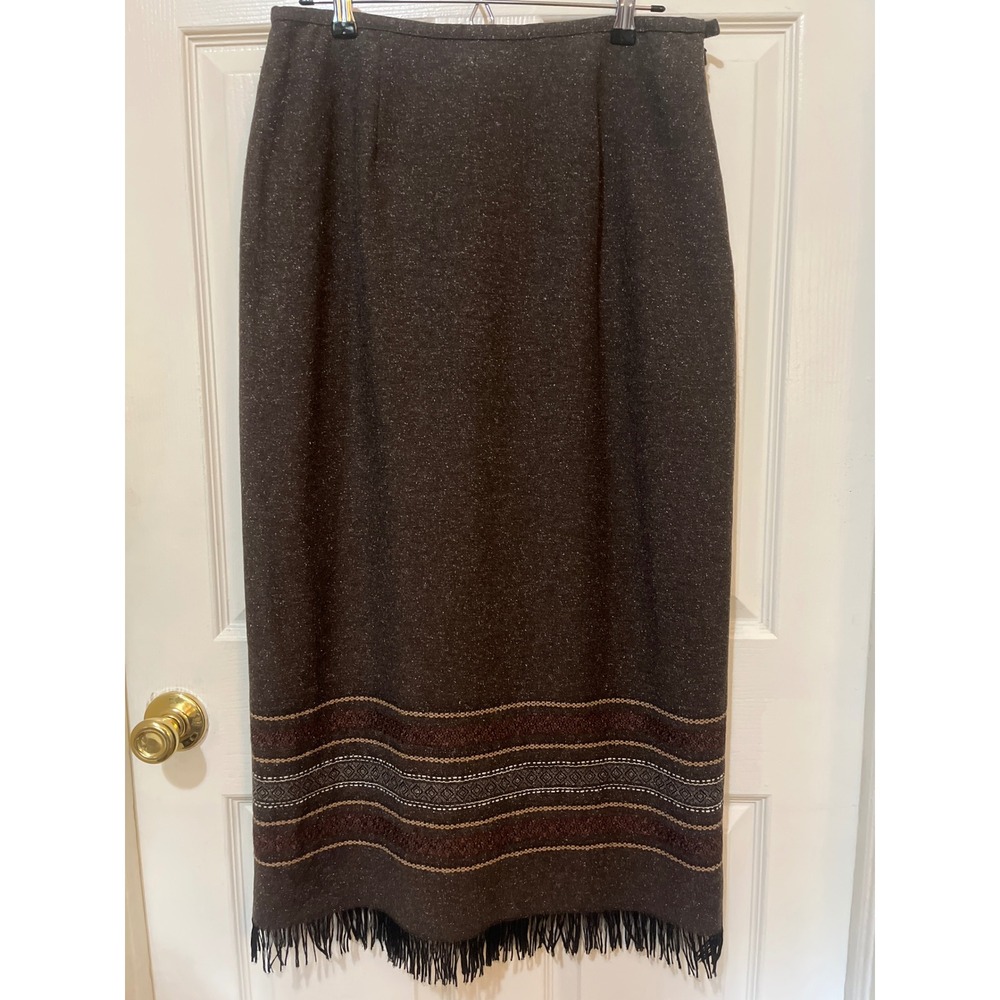 Isabella Bird Blanket Skirt Women 12 Brown Wool Silk Blend Southwestern Fringe